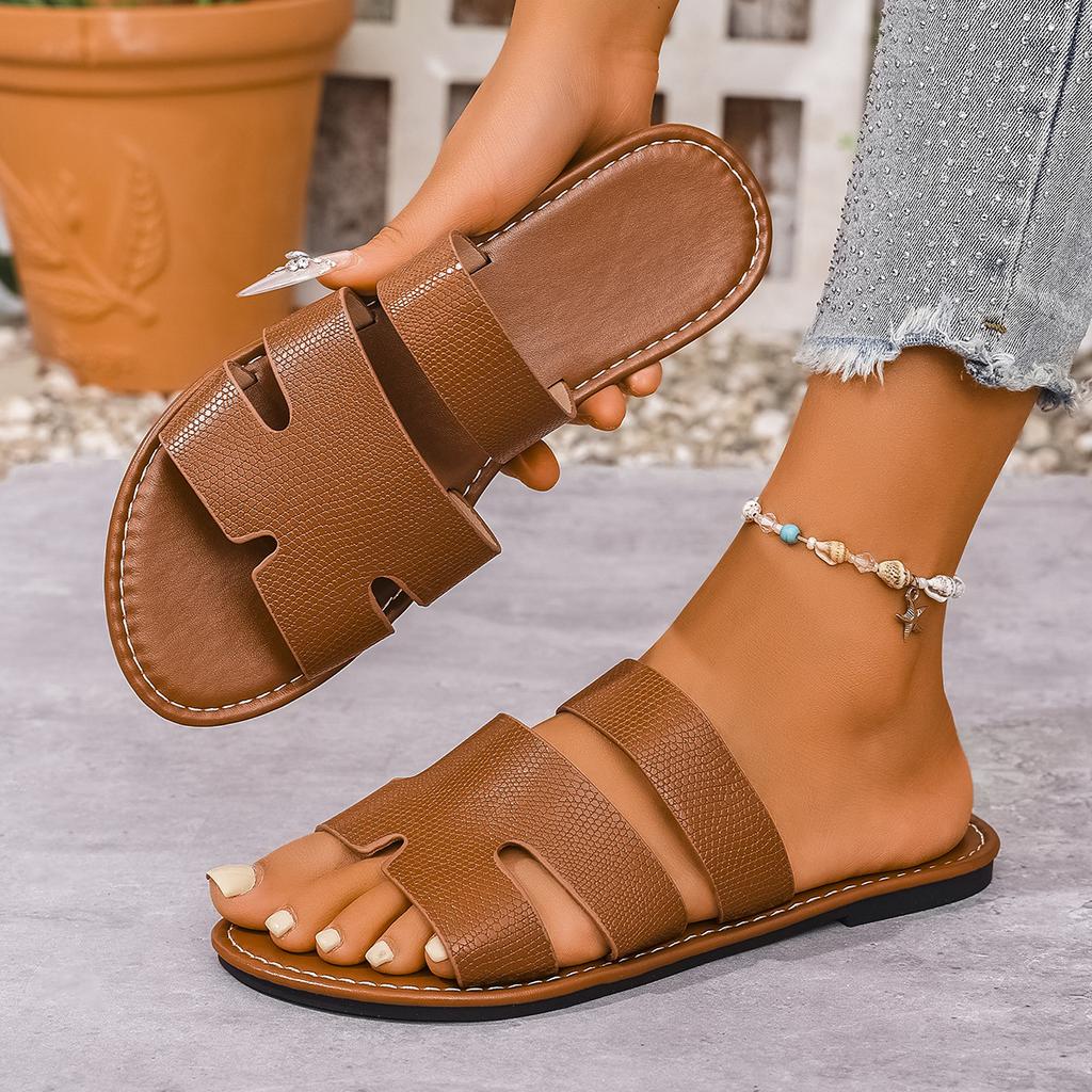 Flat bottom women's one-word sandals 2025 large size summer new round head comfortable flat bottom one-pedal cool slippers