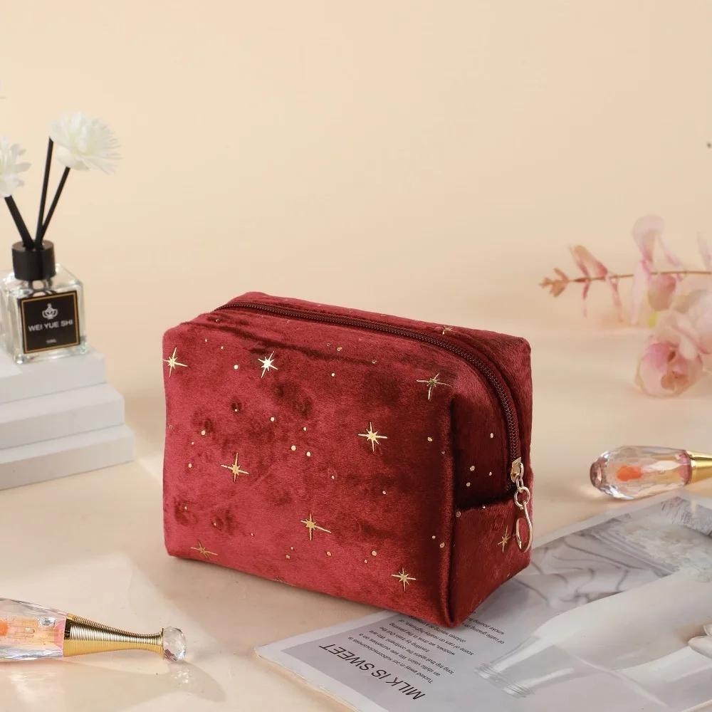 High Quality Portable Cosmetic Bag stamping star pattern with Zipper Make Up Storage Bag Soft Velvet Women Toiletry Bag