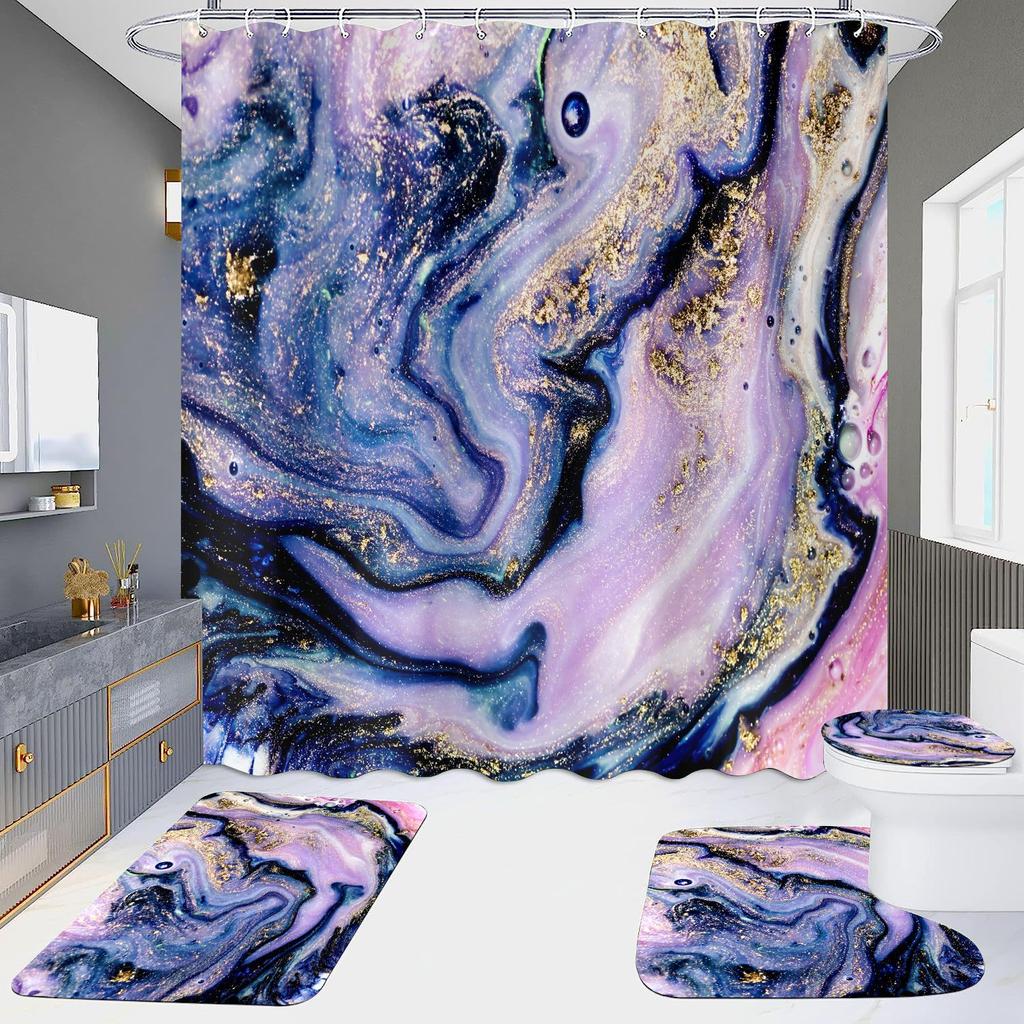 4Pcs Marble Series Shower Curtain Sets for Bathroom Non-Slip Bathroom Rugs Lid Toilet Cover Bath Mat
