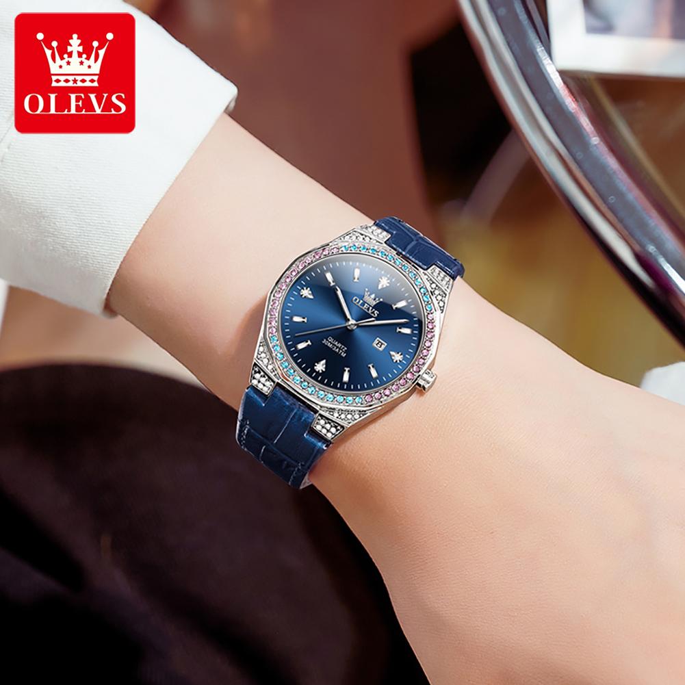 OLEVS Women's Watches Pink Watch Girl for Women Leather Strap Waterproof Full Diamond Bezel Elegant Ladies' Watches