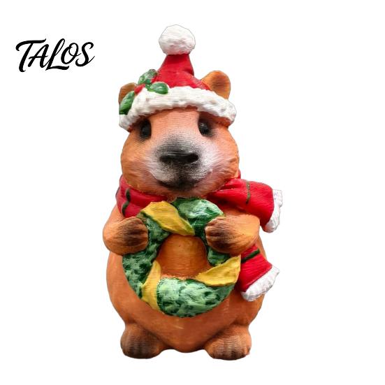 Cozy Interior Decor Pieces Christmas Capybara Resin Figurine, Statue with Santa Hat Scarf Wreath, Miniature Figures for Display Cute Tabletop Ornament