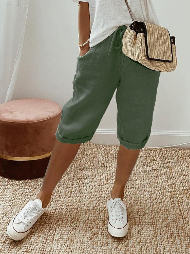 Thickened Fabric Women's Cotton Linen Pocket Elastic Casual Pants Women's Pants Quarter Pants