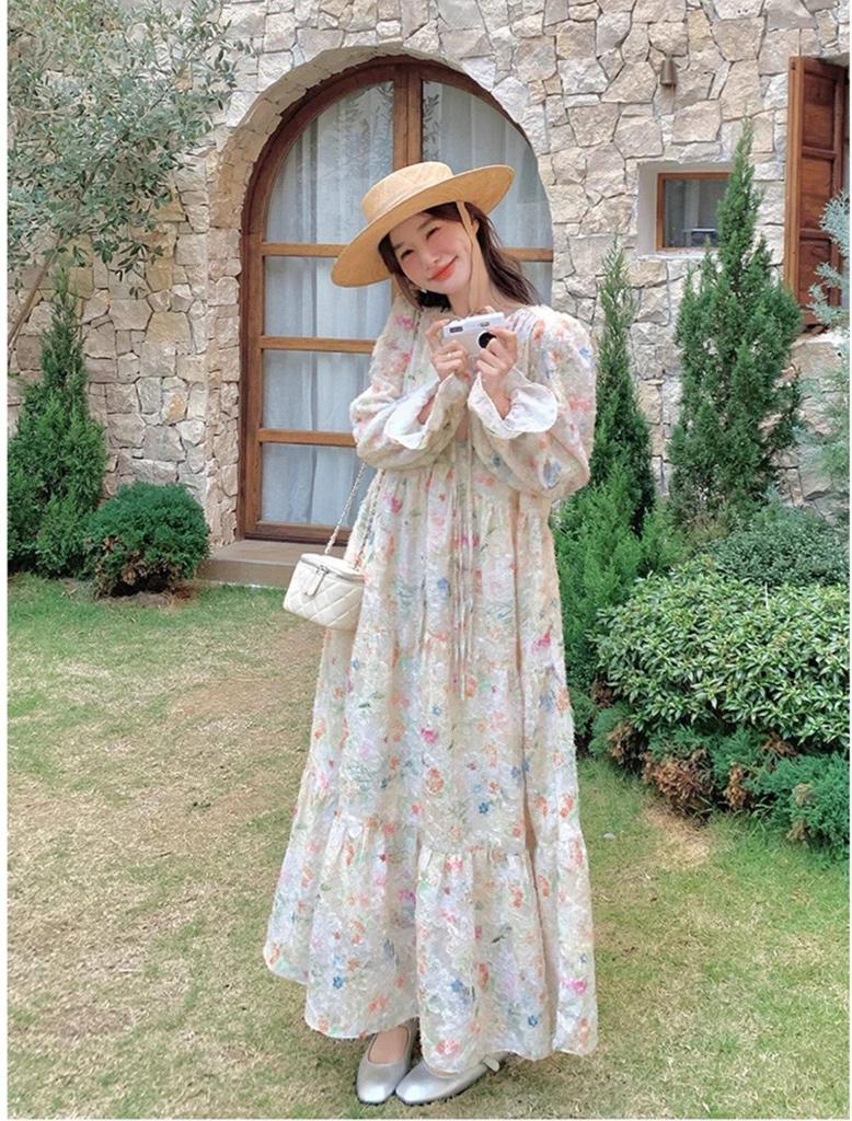 French Chic Floral Print Romantic Summer Long Dress with Elegant Hem