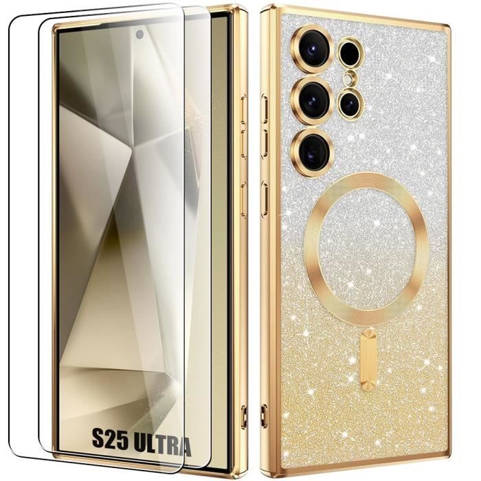 Case and Tempered Glass - Samsung - Galaxy S25 Ultra - Silicone - Camera Protection - Glittery Gold