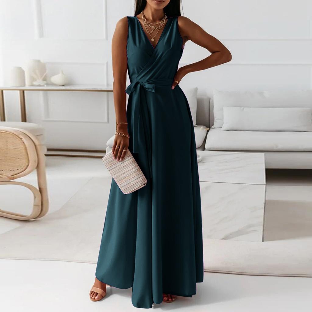 Women's V-neck Sleeveless Belt Evening Long Dress For Women