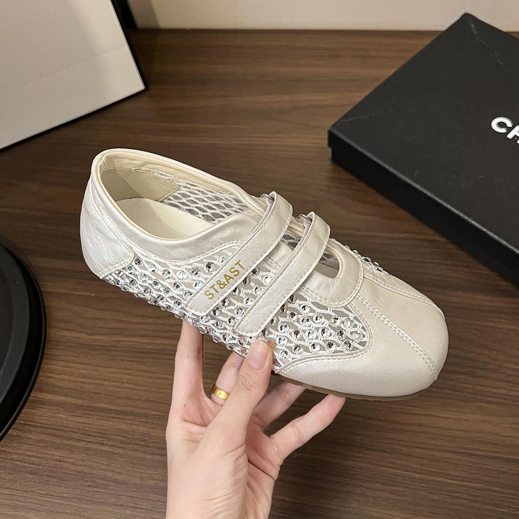 European fashion rhinestone casual shoes women's 2025 summer new Korean version breathable and lightweight Velcro Mary Jane single shoes