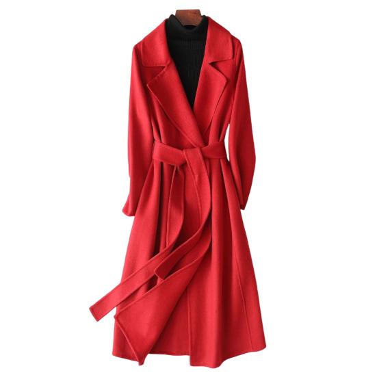 Damski Długi Wełniany Płaszcz Dwurzędowy Klapy z Wycięciem Otwarty Przód Płaszcz Trenczowy Slim Fit Jesień Zima Ciepły Płaszcz Wierzchni z Paskiem