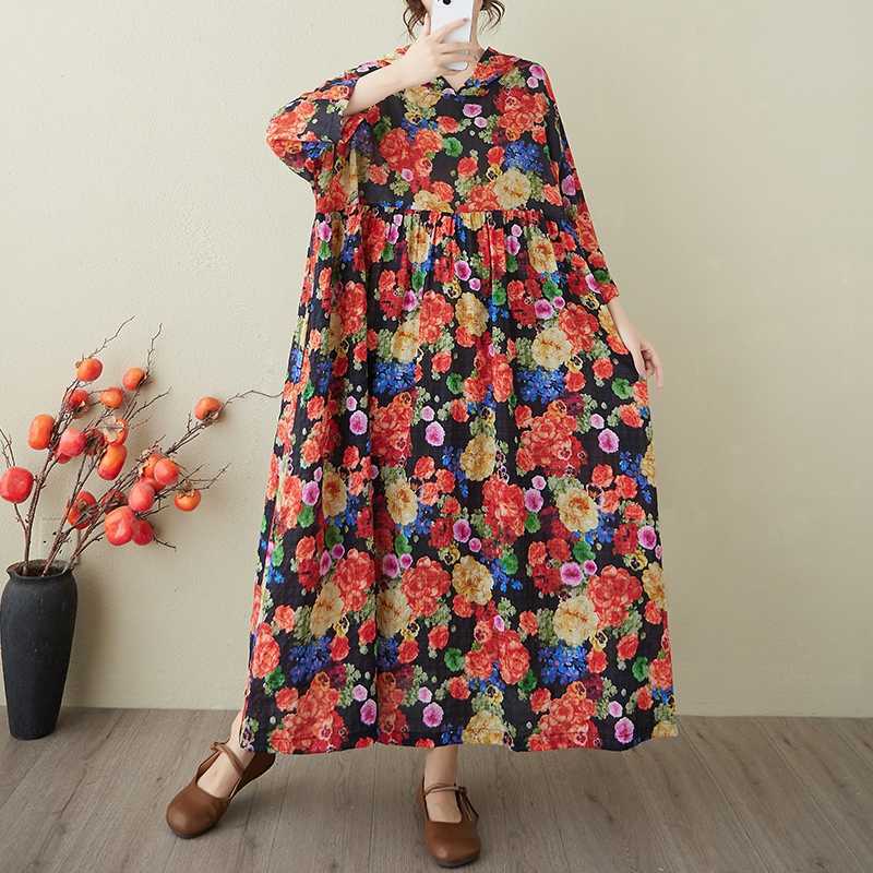 Ladies' Retro Niche Cloud Brocade Yarn Cotton Linen Hooded Printed Dress