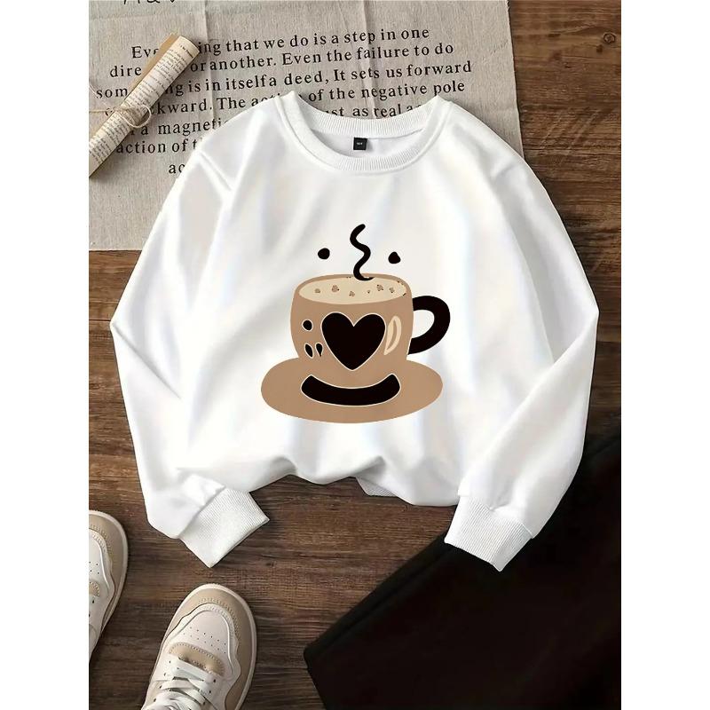 Kids Crewneck Long Sleeve Pullover Sweatshirt, Heart Coffee Cup Graphic Print, Spring Autumn Casual Sport Tops 110