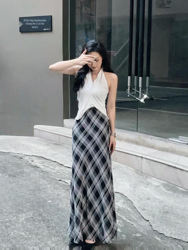 Women's Retro Blue Plaid Fishtail Skirt - Artistic Slimming Summer Style