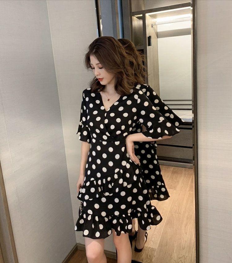 Summer new Korean version medium and long V-neck polka dot ruffle edge waist dress women's retro slim skirt