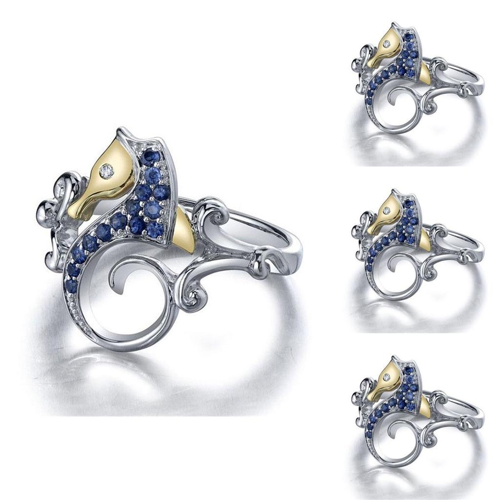 Elegant Women Silver Plated Sapphire Sea Horse Ring Perfect For Weddings And Parties