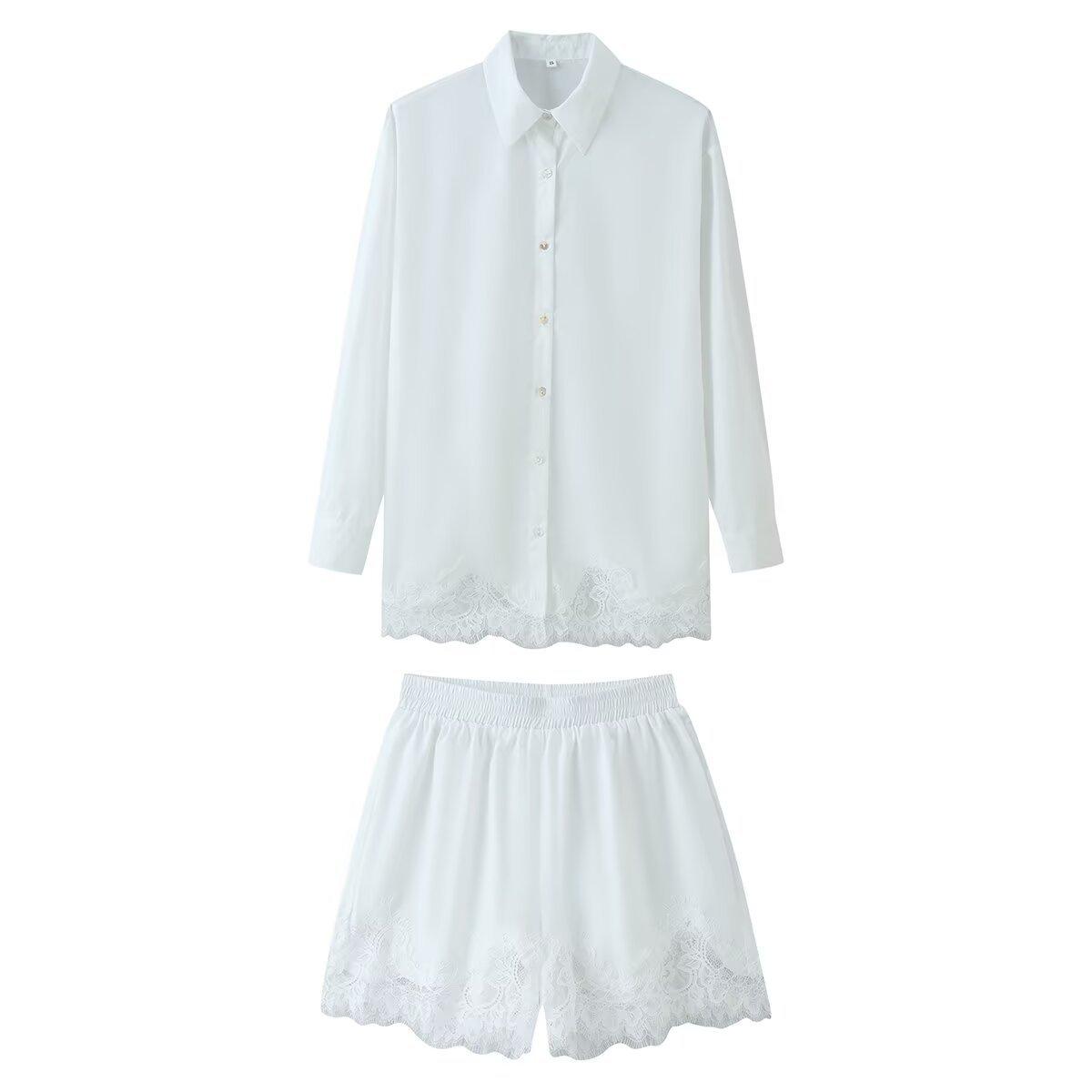Cross-border women s clothing wholesale, European and American style 2026 summer new fashion splicing shirt + lace splicing shorts set S белый
