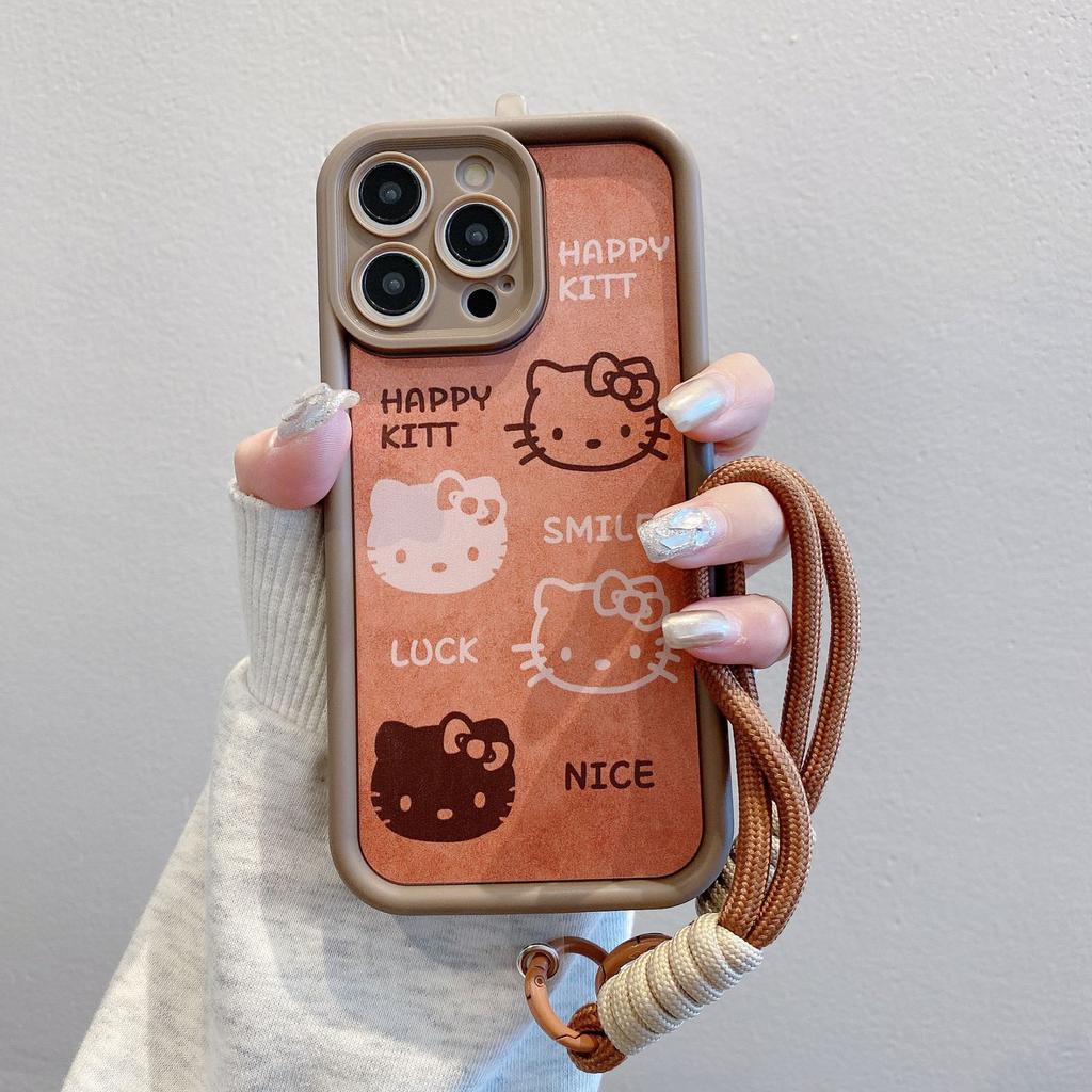 Cute Brown High Bamboo Suitable for Apple 16PRO Cartoon Mobile Phone Case Iphone15 Doll Lanyard KT Cat Anti Fall