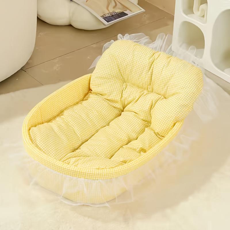 Four-season cat sofa bed with ruffle design, soft and anti-hairball. Fits cats and small dogs, multiple colors available.