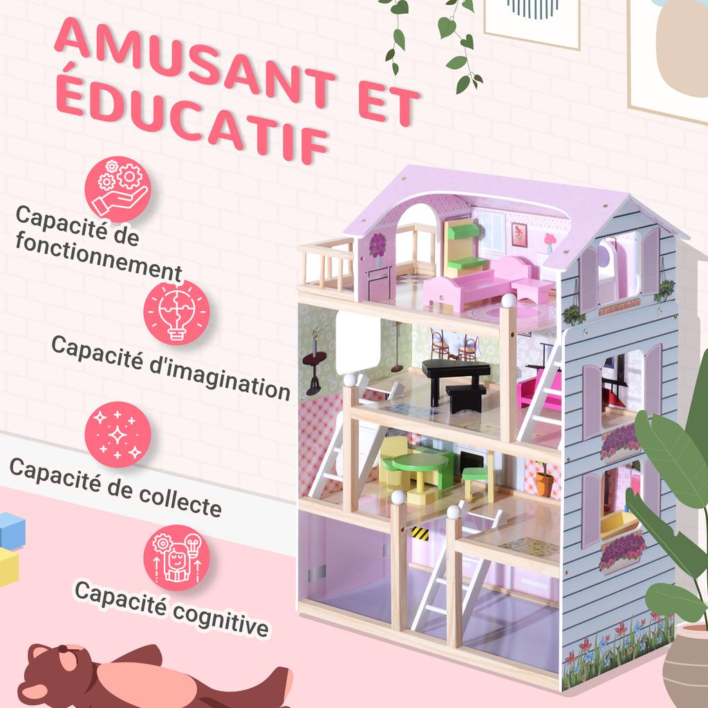 Deluxe Wooden Kids Doll House with 13 Piece Furnitures Cottage Children Girls Dollhouse Entertainment Imagination Toy Game