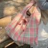 Embroidered Bow Canvas Plaid Shoulder Bag Double Side Underarm Bag Casual Cloth Hobo Bag  Daily