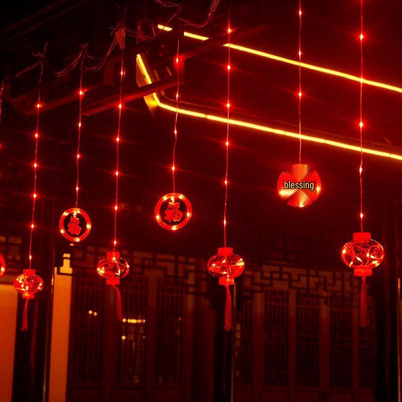 Solar-Powered Red Lantern String Lights - New Year Decoration with Blessing Characters