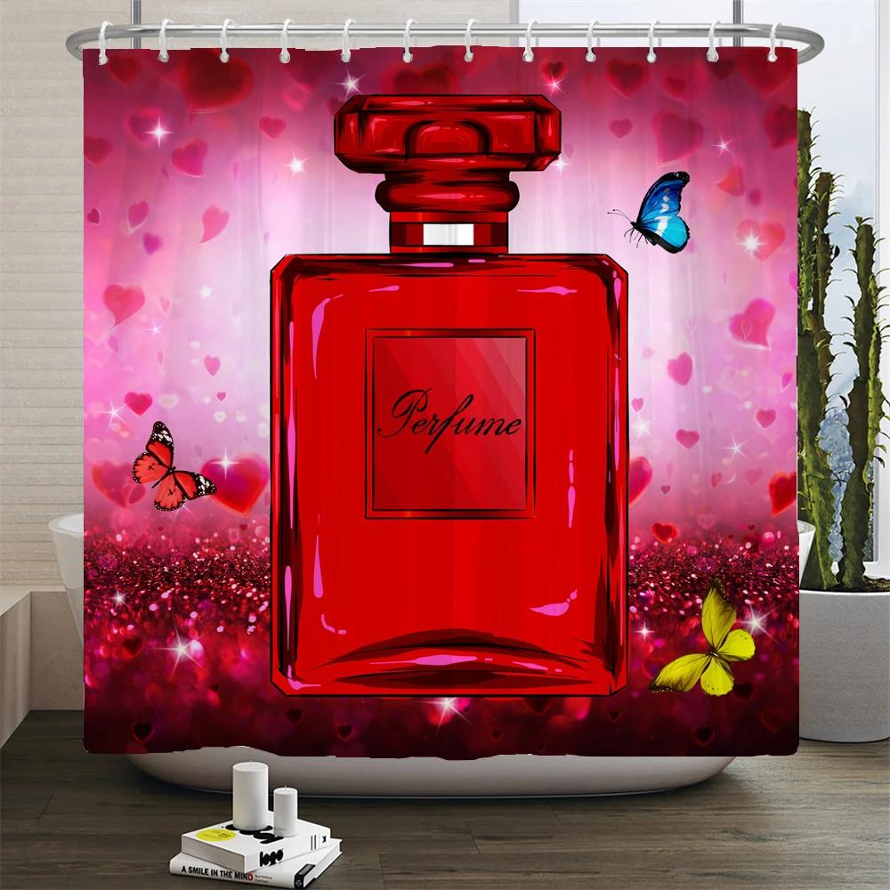 Ladies Perfume Flower Print Shower Curtain Fashion Bathroom Curtains Fashion Girly Women Polyester Bath Curtain Decor With Hooks