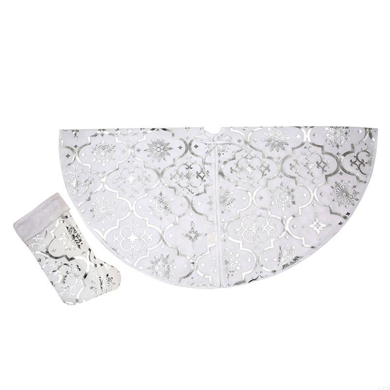 47 Inch Bronzing Christmas Tree Skirt Mat Cover Ornament with Snowflake Stockings Sock New Year Party Decoration белый