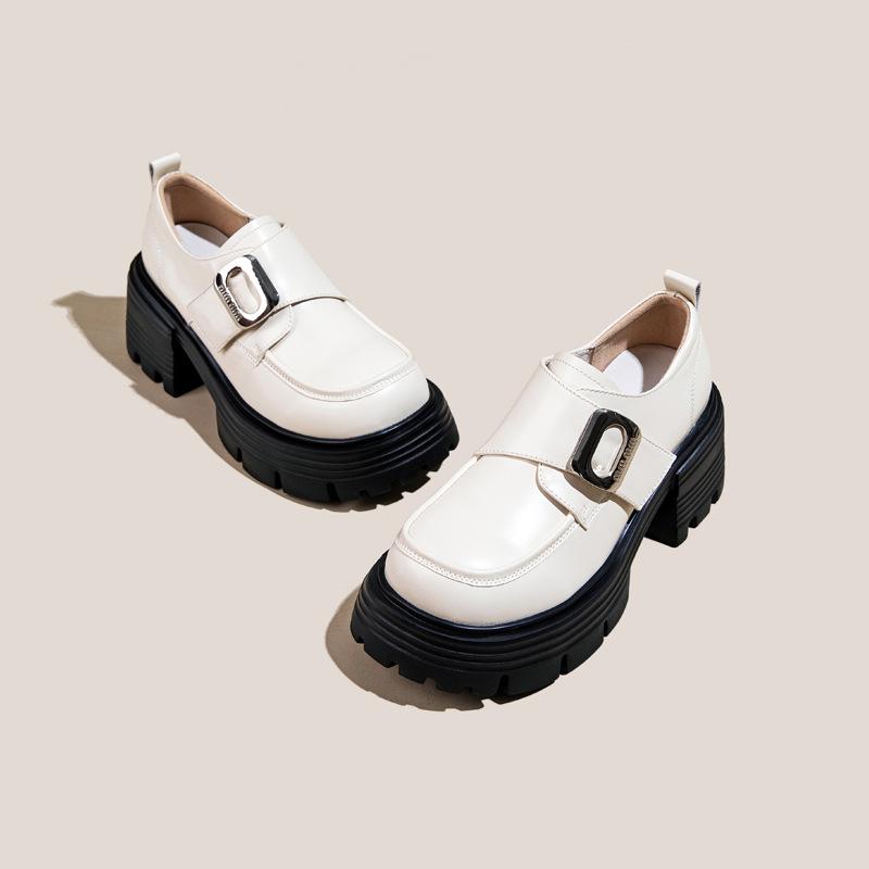 Leather platform loafers women's 2025 new Velcro versatile British style heightening small leather shoes spring and autumn single shoes