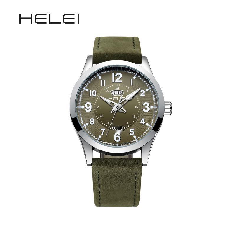 HELEI Wasserdichte Herren-Quarzuhr mit echtem Lederarmband - Modell H9019