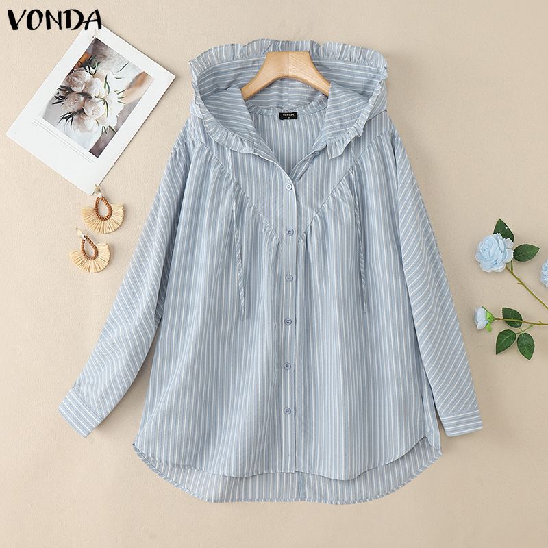 

VONDA Oversized Women Casual Long Sleeve Striped Loose Hooded Shirts Blouse M синий