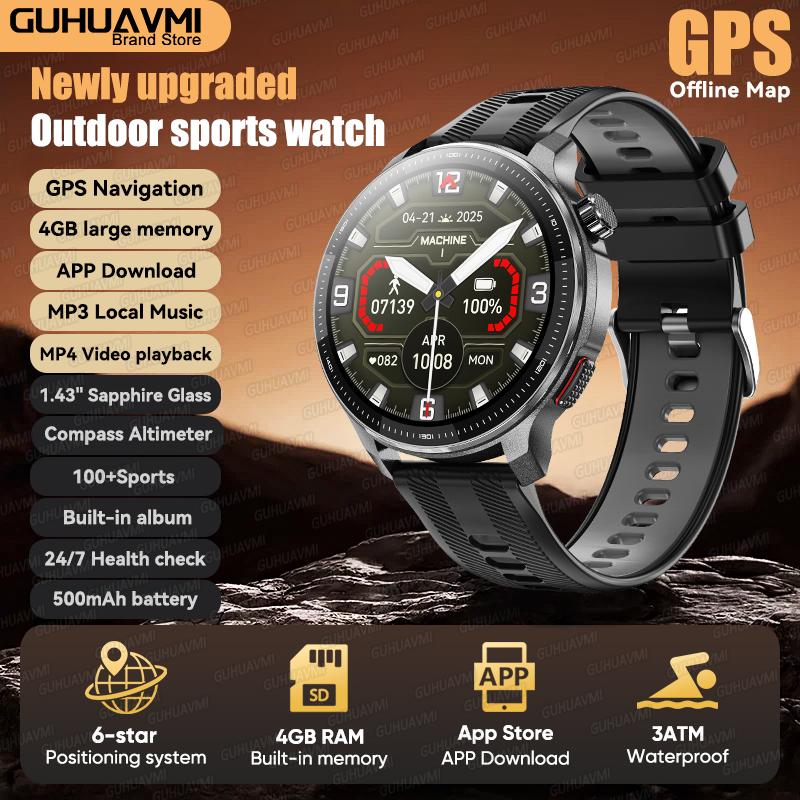New Outdoor GPS Offline Map Sports Smart Watch Compass Altimeter 4GB Memory Video Music Playback Waterproof Smartwatch Men