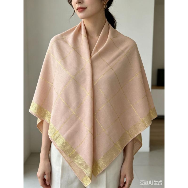 Women S Gold Line Plaid Square Scarf 90x90cm Elegant Shawl For Autumn Winter