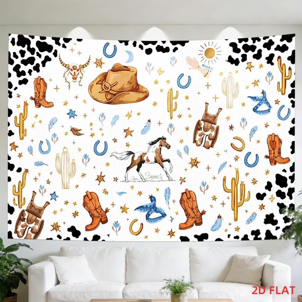 2D Flat, [2D Plane Printing] 1 Large Size/small Size Pattern Printed Tapestry- Cowboy Hat, Boots, Cacti, Stars, Horse, Room Wall Decoration, Non-lumin