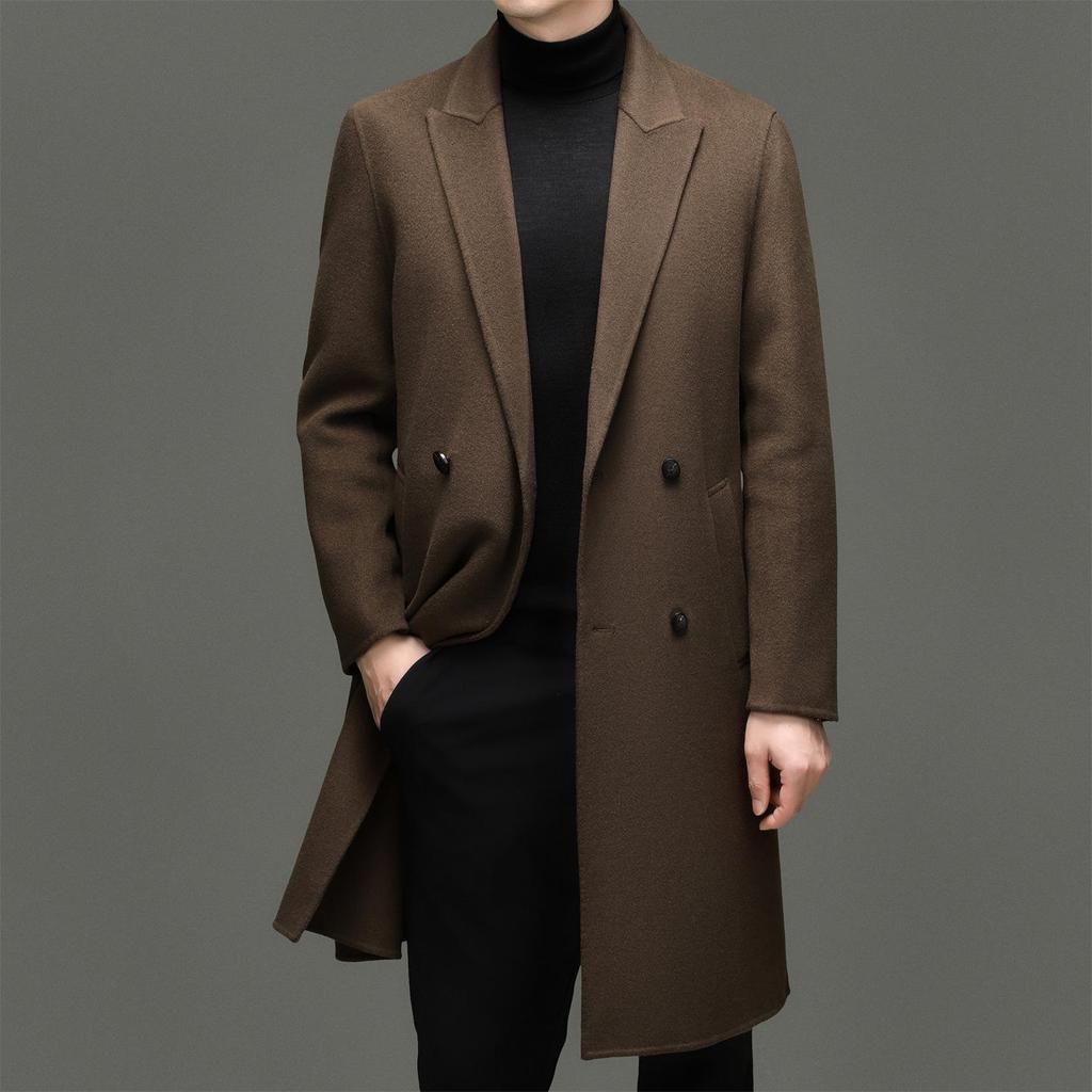 Men's 100% Wool Double-Faced Double-Breasted Lapel Collar Business Casual Long Coat