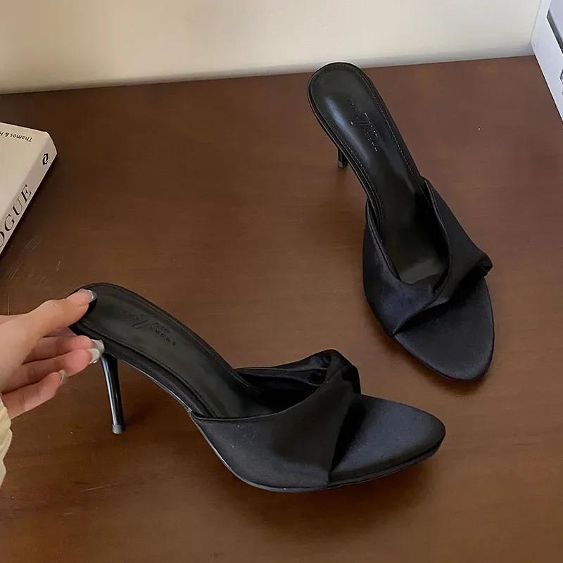 Vysoce kvalitní saténové pantofle na vysokém podpatku Dámské Letní Sexy Sandály s otevřenou špičkou Elegantní Společenské šaty Tenké lodičky Sandalias