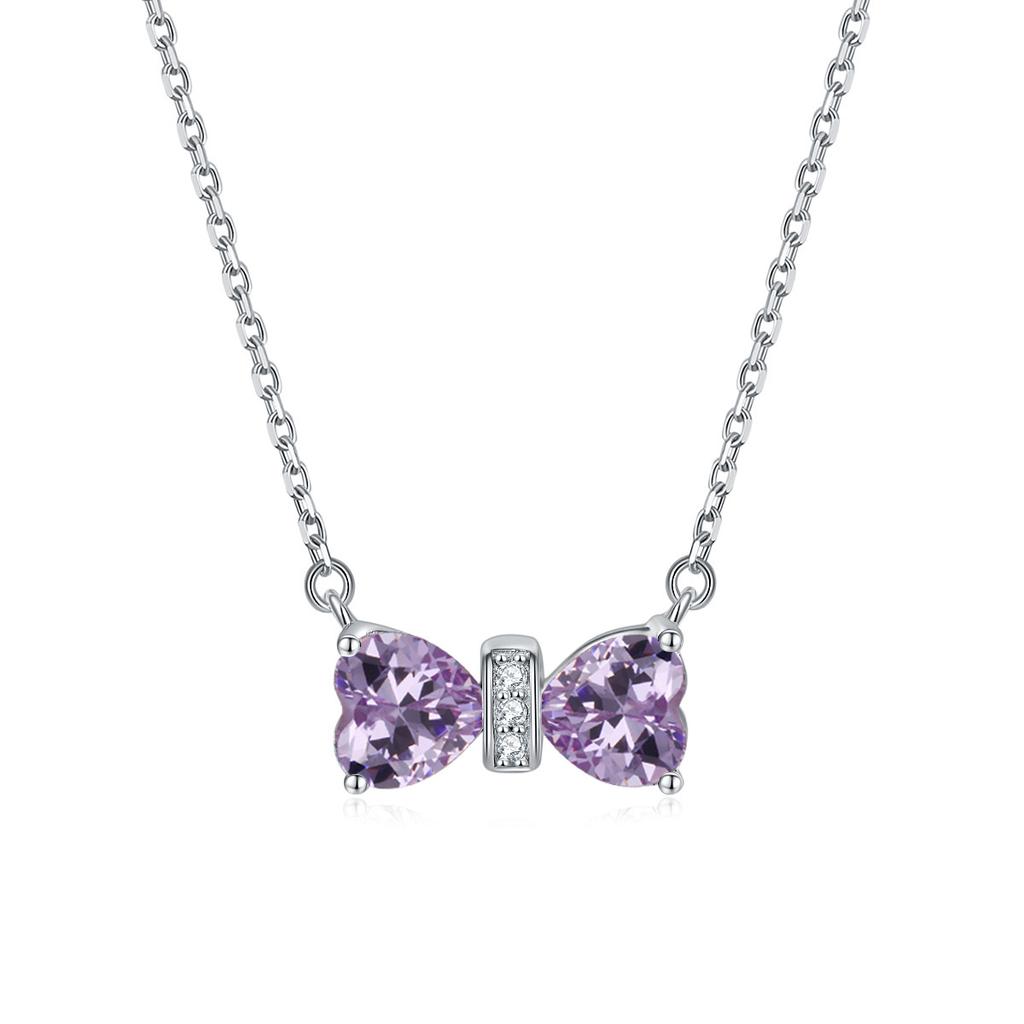 S925 Sterling Silver Necklace Cross-border Fashion Bow Pendant Female Heart-shaped Colored Treasure Necklace Simple Twelfth Birthday Stone