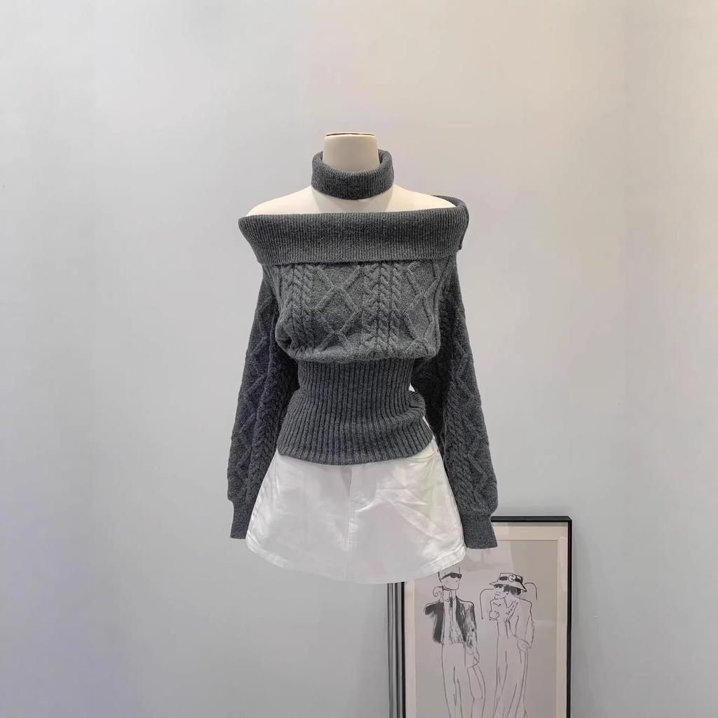 2026 Women's Elegant Slim Fit One-Shoulder Cable Knit Sweater - French Retro, Soft Texture, Christmas Edition