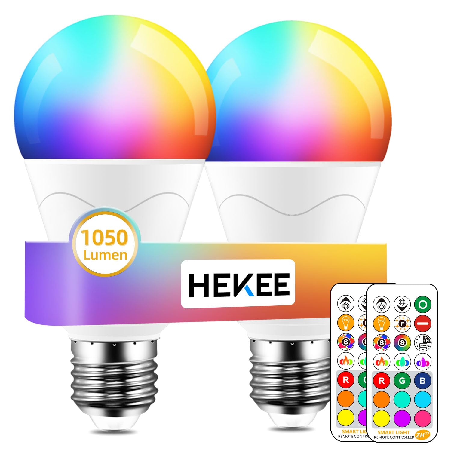 

HEKEE LED Bulbs, 26mm Base Diameter, 2700K Warm White, 100W Equivalent, 1200LM, Remote Control, RGB + E26 (Set of 2)