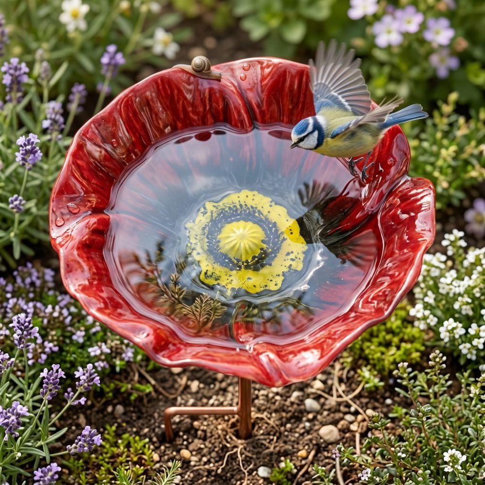 Metal Bird Bath Stand Ground Insert Flower Shaped Bee Butterfly Watering Station Colorful Iron Art Garden Insect Birdbath