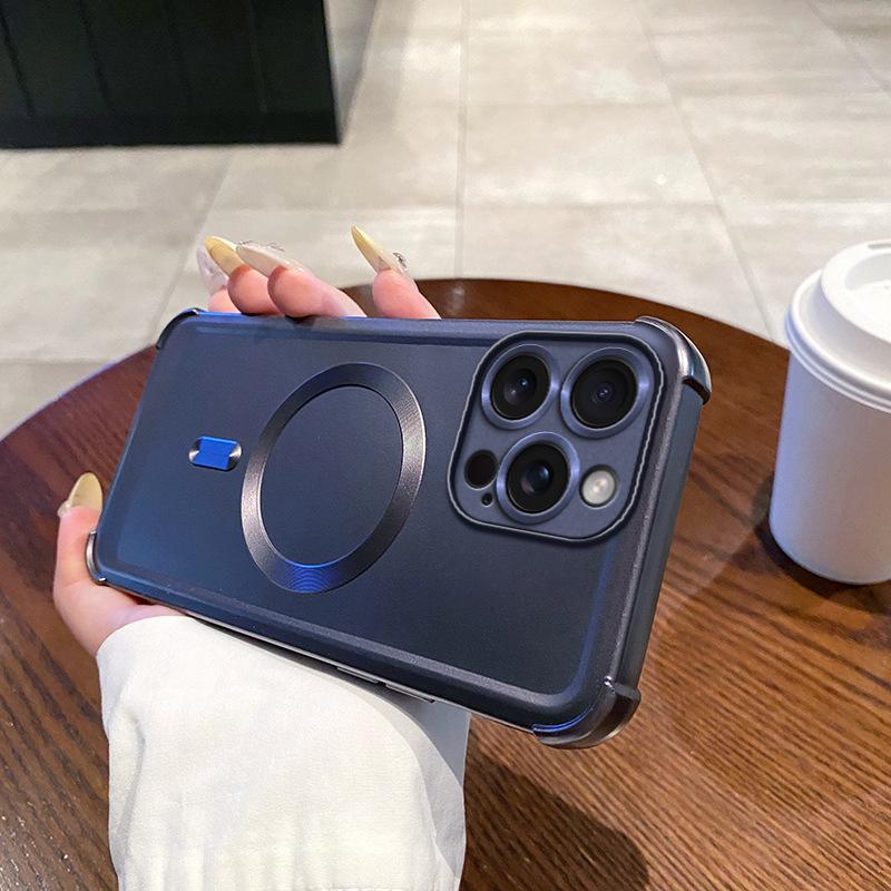 Applicable To IPhone 16 Metal Paint Magnetic Suction Mobile Phone Case Four Corners Anti Fall Apple 15 ProMax Airbag Protective Case 14