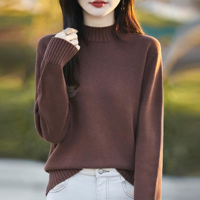 Осень и Зима Чистый Хлопок Женский Трикотажный Свитер с Полувысоким Воротником и Длинными Рукавами Свободный и Универсальный Теплый Базовый Топ XXL 5579₽