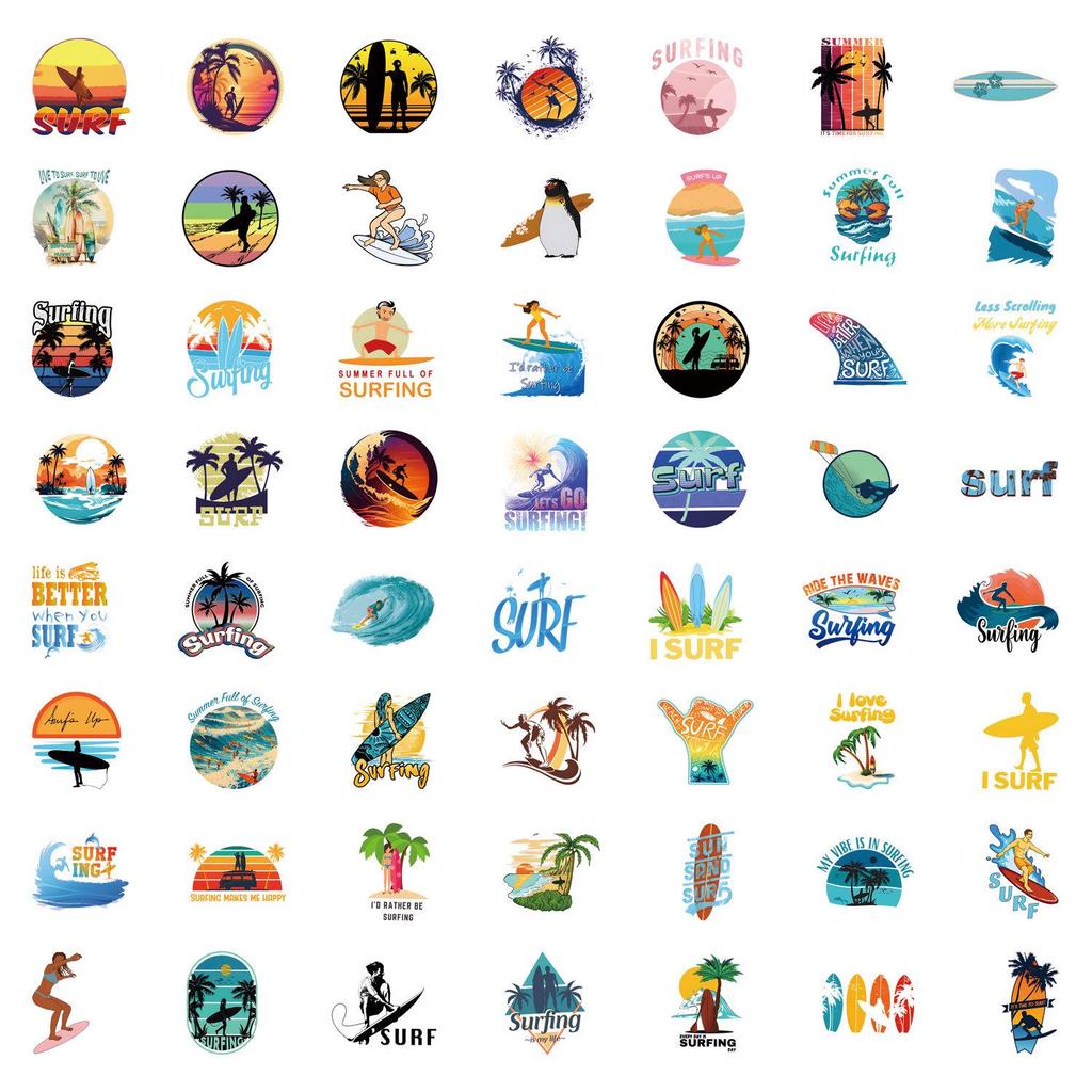 60 Cartoon Beach & Surf Stickers: Waterproof Decorations for Journals, Water Bottles, and Computers.