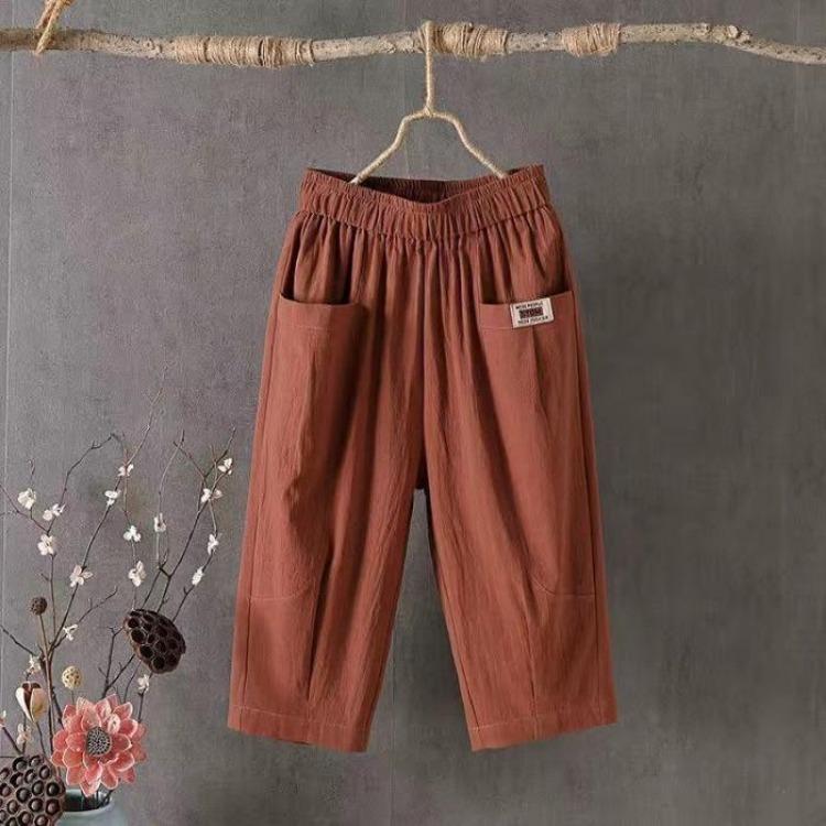 Women's Casual Summer Cotton Hemp Cropped Pants Wide Leg Mid Rise Elastic Waistband Solid Color Comfortable Trendy