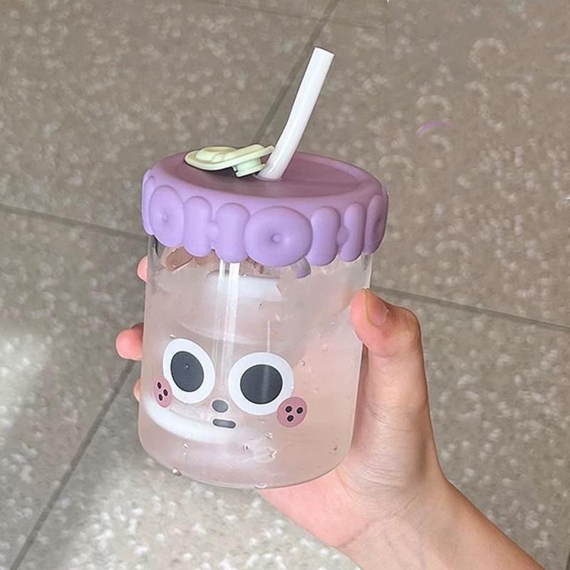 380ml/520ml Cute Expression Glass Water Bottle With Straw Portable Adult Student Coffee Milk Juice Drinking Bottles