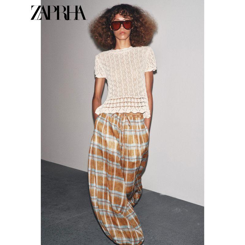 Zaprha 2025 Autumn New Women Versitile Fashion Mesh Hollow Knitted Round Neck Short Sleeve Top 6236104