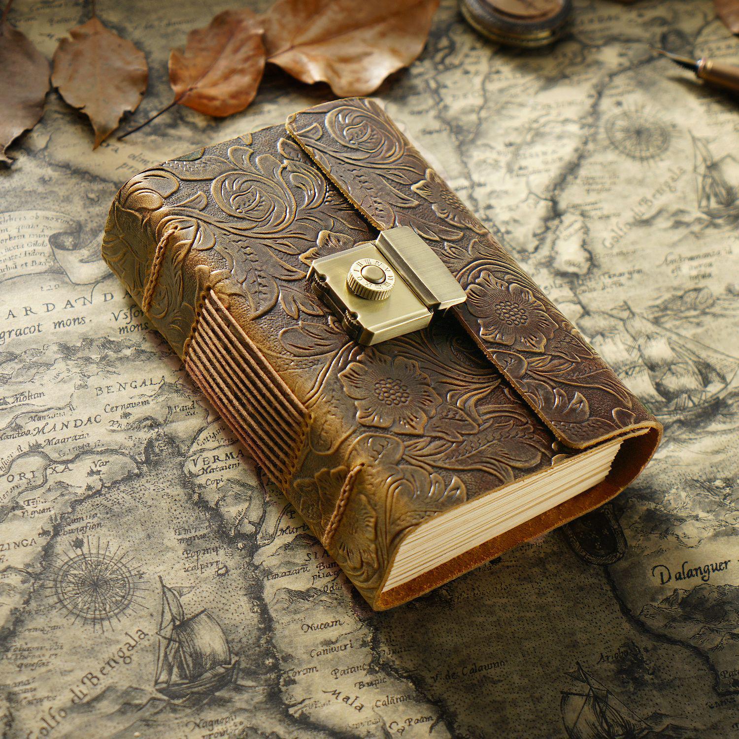 

Retro Genuine Leather Diary with Password Lock - Handmade Cowhide Planner for Men and Women Retro Password Book