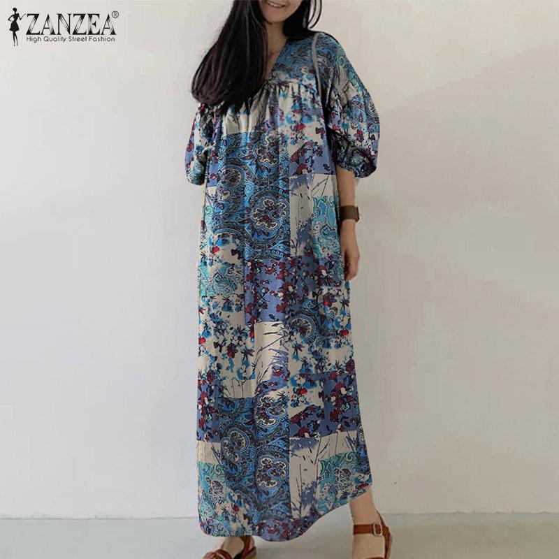 ZANZEA Women Summer Print Casual V-Neck Loose 3/4 Sleeve Long Dress