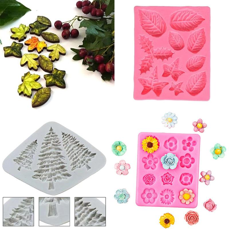 Christmas Tree Silicone Mold Holly Leaf Flower Mold Non-Stick DIY Fondant Baking Tools for Cake Decoration Chocolate Candy