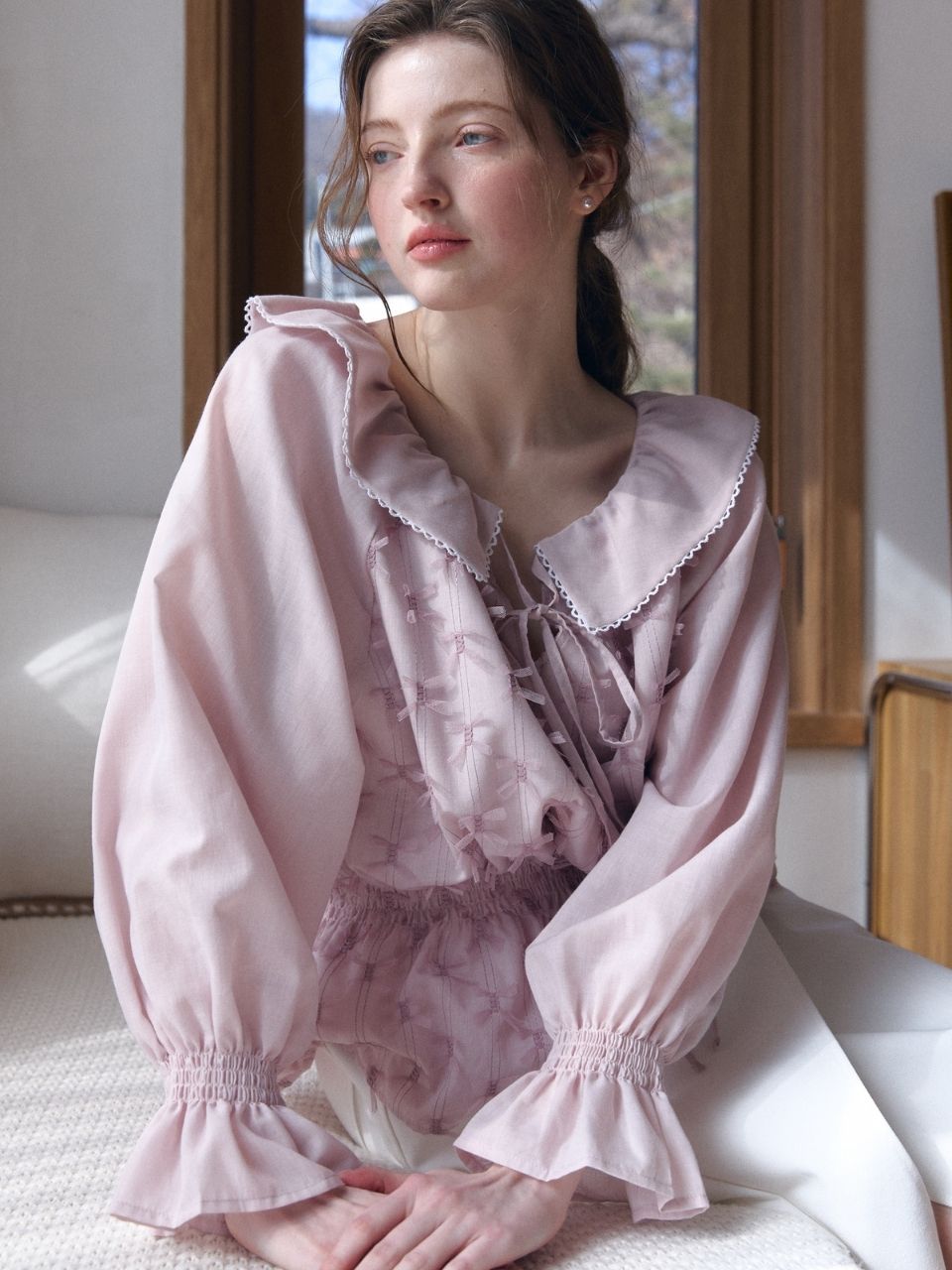 Fabric Seoul Sweet Ribbon Shirring Blouse_Pale Pink Pale Pink/Free