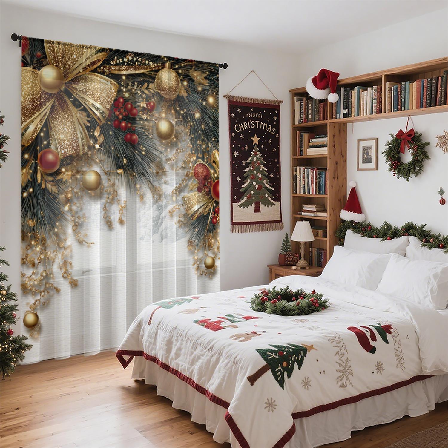 

Single Panel Christmas Curtain Door Gold Bow Pine Branch Design Lightweight Breathable Semi Transparent Polyester Material Suitable Living Room W100*H70(CM)-Rod Pocket&2PCS