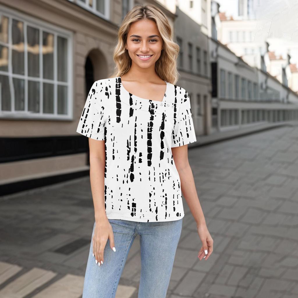 Maglietta da donna casual stampata con scollo asimmetrico, maniche corte e bottone decorativo