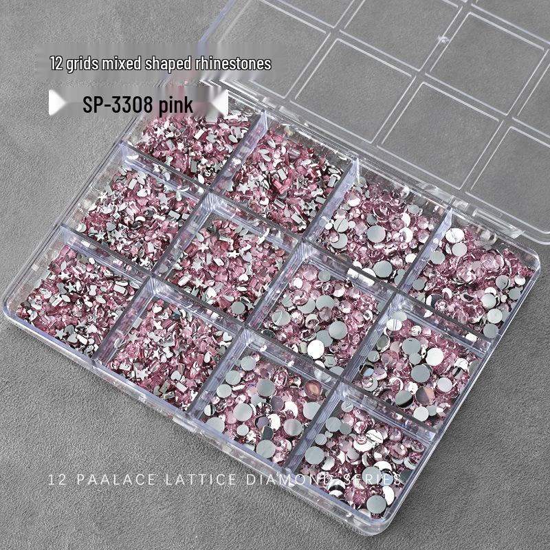 Nail Art Irregular Resin & Colored Rhinestones Set - Flatback, 12 Grids of Mixed Clear Diamonds