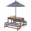 Outdoor Wooden Kids Picnic Table & Bench Set with Cushions and Umbrella, for Patio, Garden, Navy Blue